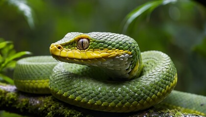 Obraz premium Vibrant Green Pit Viper Coiled on Mossy Branch