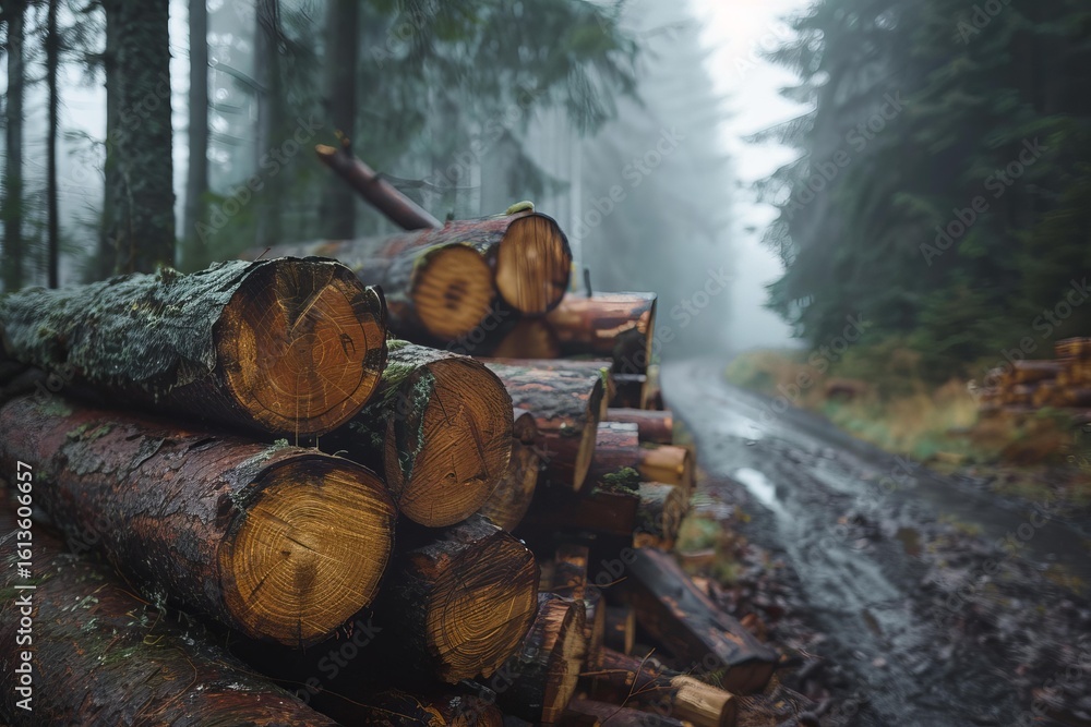 Poster freshly cut logs are piled high by a muddy road, creating a lumber path through a misty forest, sugg
