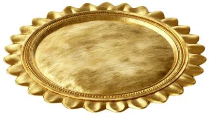 Decorative gold platter with scalloped edges on transparent background