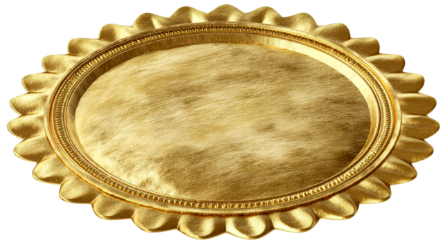 Decorative gold platter with scalloped edges on transparent background