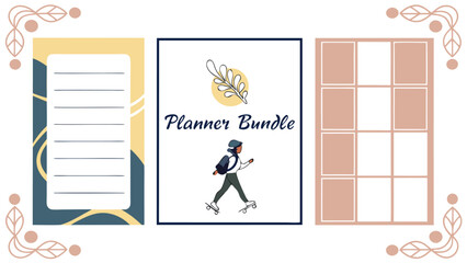 Aesthetic planner bundle featuring a to do list notepad a cover page with a skater girl and floral accent and a grid layout for organization