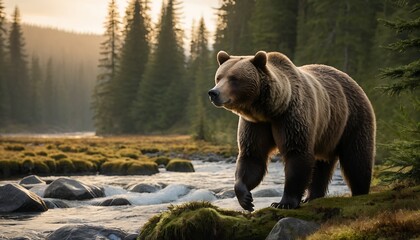Obraz premium Majestic Brown Bear Along a Golden Hour River