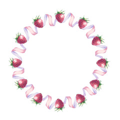 Wreath of ripe red strawberries and pink satin ribbons in watercolor