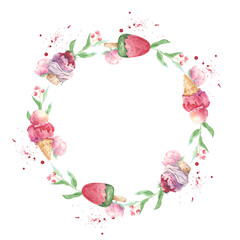 Ice cream and green branches wreath in watercolor