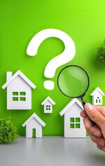 Green background, houses, magnifying glass, question mark, real estate, search