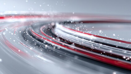 Abstract swirling lines of red, black, and white, with light speckles