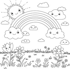 Joyful Sun, Smiling Clouds, and a Vibrant Rainbow Over a Field of Cheerful Flowers