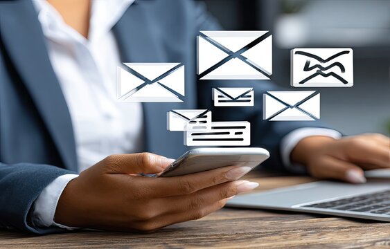 Businesswoman using a phone, email graphics overlaid