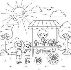 Joyful children buying delicious ice cream from a cart in a park on a sunny day. A cartoon coloring page illustration of a summer scene.