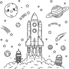 Kawaii rocket ship launch coloring page with cute planets and stars. Space exploration outline illustration for children's activity.
