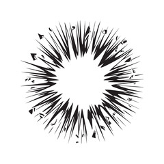 Obraz premium Cartoon explosion silhouette. Black comic book blast, bang, or pow effect with flying debris. Dynamic radial burst isolated on white background