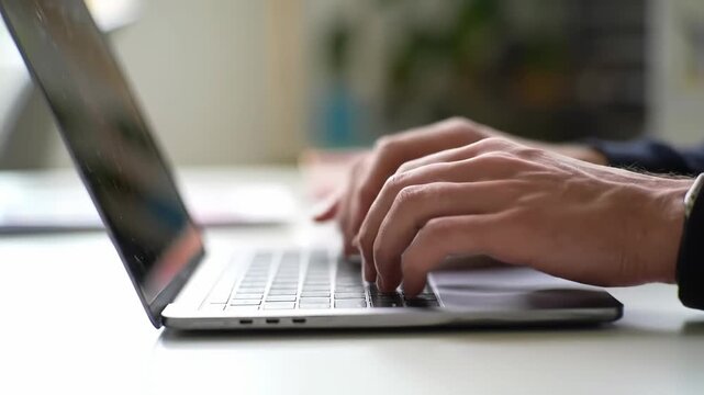 Close up of a man's hands typing on a modern laptop keyboard in a bright office space. Concept of business, technology, communication, and remote work. 