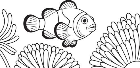 Fototapeta premium Clownfish Amidst Sea Anemones A Detailed Black and White Vector Illustration of Marine Life