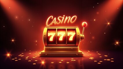 slot machine displaying glowing 777 numbers, with text Casino above and golden coins around