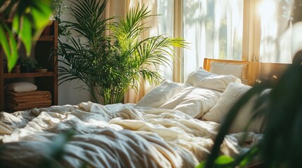 Cozy bedroom with white linen, pillows on bed and green home plants, under soft sunlight
