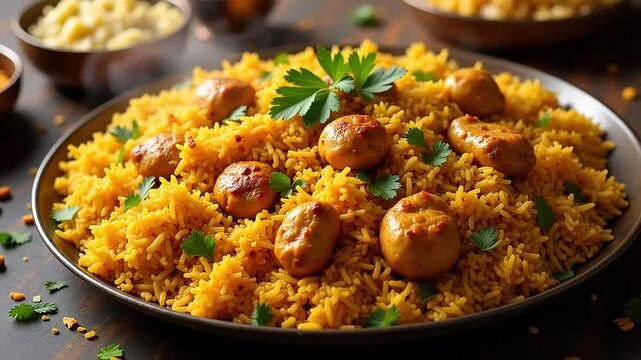 Spicy mushroom biryani served on plate with aromatic rice and herbs in traditional indian style
