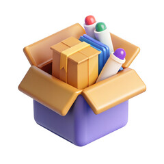 3d rendering of a cardboard box filled with gifts and bottles isolated on transparent background
