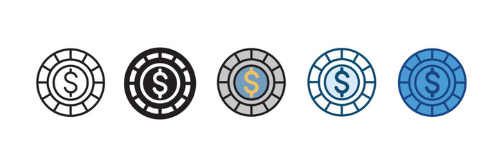 Casino Chips Icons with Dollar Sign – Gambling, Finance, Poker Vector Set