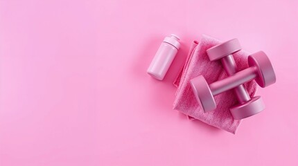 Sports water bottle, fitness towel and pink dumbbells on pink background with copy space