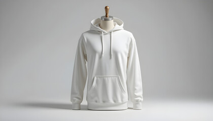 Blank White Hoodie on Mannequin, Ready for Customization.A full shot of a plain white hoodie displayed on a mannequin against a neutral gray backdrop.