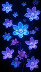 Neon Flowers in the Dark Night.A captivating image of glowing, translucent flowers in shades of vibrant blue and purple.