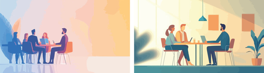 Business meeting and teamwork concept vector illustration set group of business people working together on project in office meeting room and business