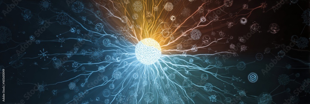 Poster infographic visualization showcasing diverse stem disciplines branching from a central glowing hub i