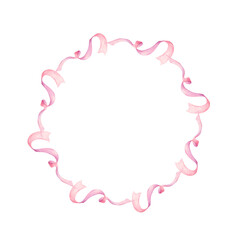 Wreath of pink satin ribbons. Watercolor.