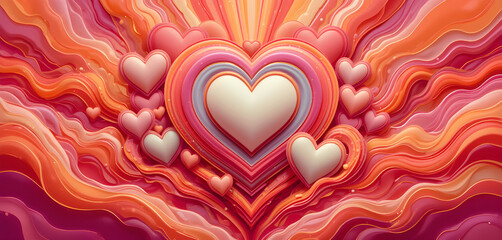 Vibrant heart design with colorful, flowing layers.A captivating graphic design featuring numerous hearts in varying shades of pink and peach, nestled within a dynamic backdrop of flowing, layered col