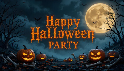 Spooky Halloween Party Scene with Jack-o'-Lanterns.A dramatic Halloween scene featuring the text "Happy Halloween Party" in a stylized, glowing font against a dark, ominous night sky with a full moon.