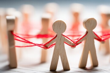Wooden figurines linked by red threads, representing connections within a group