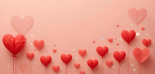 Heart-shaped balloons and confetti on a soft pink background.A cheerful and romantic image featuring a multitude of red heart-shaped balloons in various sizes, some with a geometric origami-style desi