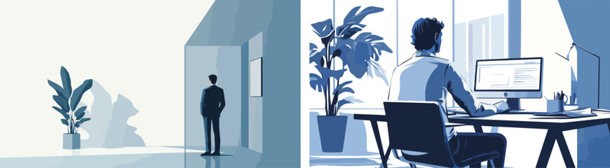 Businessman looking out the window and businessman working on the computer vector illustration concept for business work office home office lifestyle and