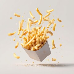 French fries exploding from a cardboard container