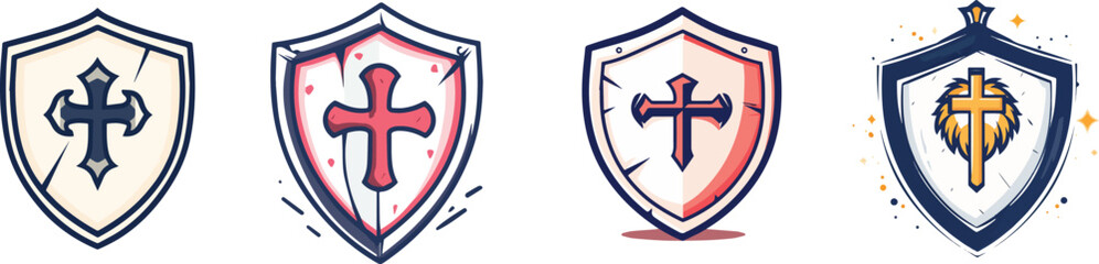 Set of four shields with cross symbols vector illustration isolated on white background design for print web design banner poster sticker card and textile