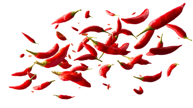 Floating red chili peppers in mid air for culinary backdrop