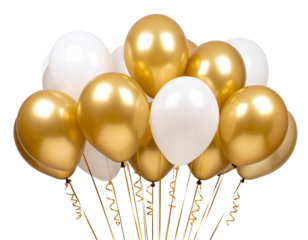  Floating White and Gold Balloons Cluster with Ribbons, Front View, Isolated on Transparent Background