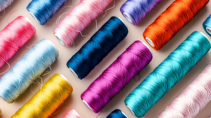 Fototapeta premium Colorful spools of thread arranged in a geometric pattern on a light beige background. Threads in various shades of pink, orange, purple, blue, teal, and yellow