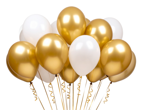  Floating White and Gold Balloons Cluster with Ribbons, Front View, Isolated on Transparent Background