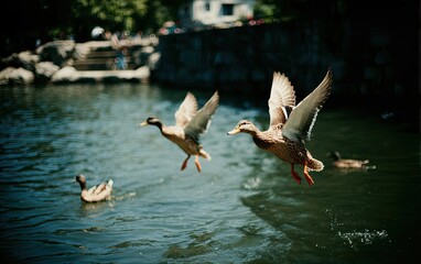 Two ducks in flight over a park pond