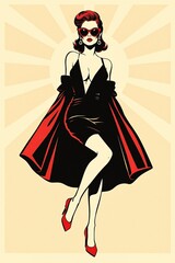 Vintage style poster with elegant woman. Chic retro comic female in red sunglasses and red shoes