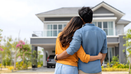 Back view of young Indian couple hugging in front of their new home