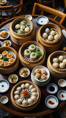 A vibrant overhead shot of a dim sum feast on a round table with multiple bamboo steamers filled with dumplings, buns, and rice rolls,