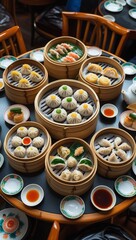 A vibrant overhead shot of a dim sum feast on a round table with multiple bamboo steamers filled with dumplings, buns, and rice rolls,