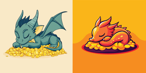 Cute Baby Dragons Sleeping Peacefully on Piles of Gold Coins Vector Illustration Set Ideal for Children's Books Fantasy Games and Merchandise © Hoody Baba
