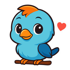 Cartoon bluebird sits with a heart nearby.