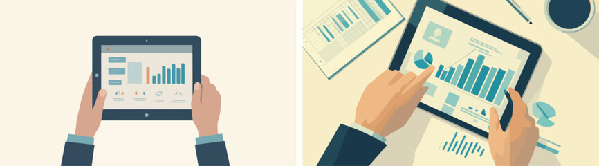 Businessman analyzing financial data on tablet computer vector illustration business concept for banner poster website and advertising