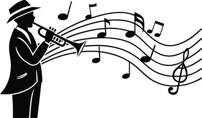 Silhouette of a stylish man in a fedora hat playing a trumpet with flowing musical notes and staves creating a dynamic and artistic representation of jazz music © LailaArtworks