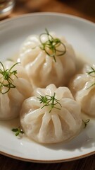 A close-up of freshly steamed shrimp dumplings (har gow) with translucent wrappers glowing from soft overhead light,
