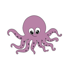 Friendly purple octopus in cartoon style with smiling face